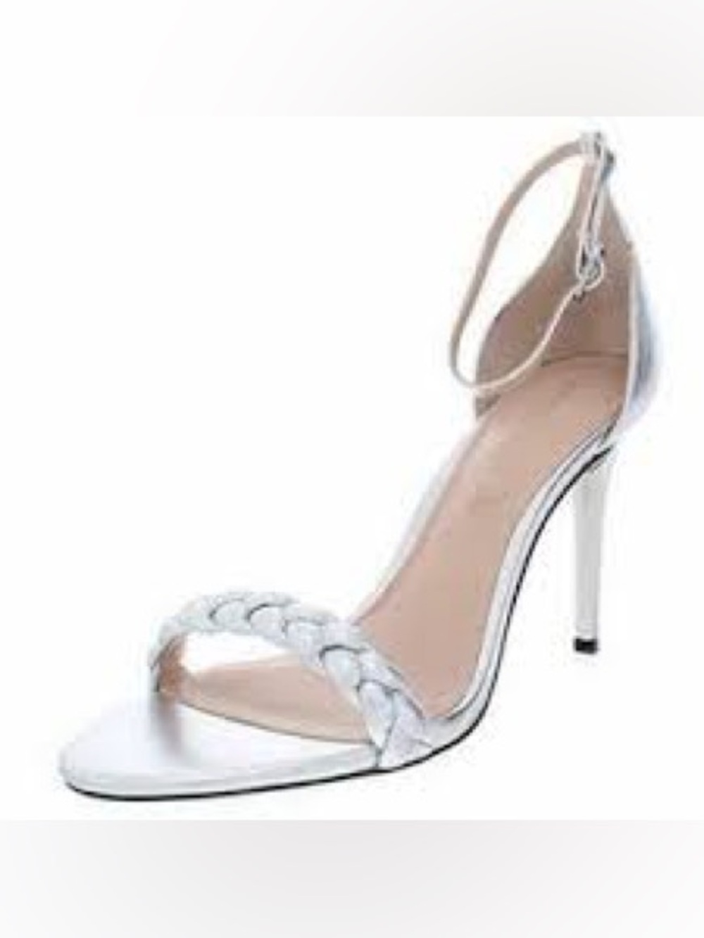 Rachel Zoe "Ella" heeled sandals in silver, featuring a braided front strap 10